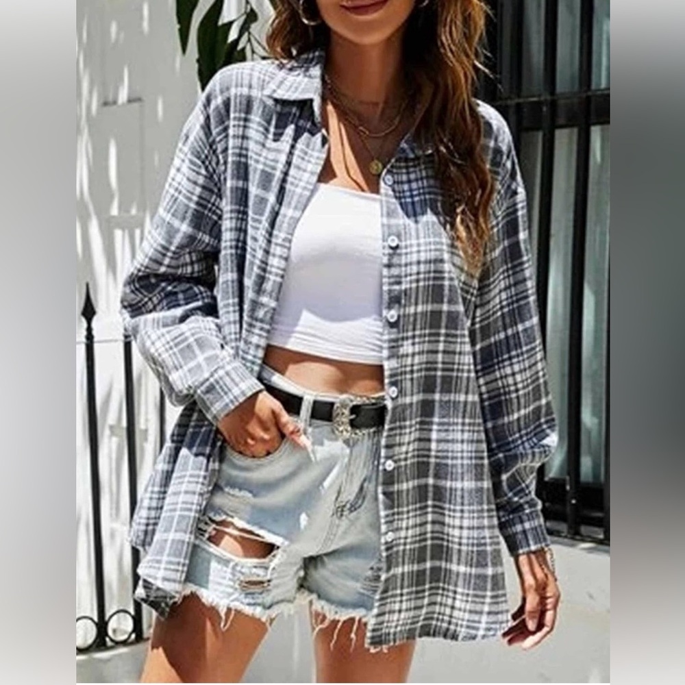 HangNiFang Womens Flannel Plaid Shirts Oversized Button Down Shirts Blouse Tops